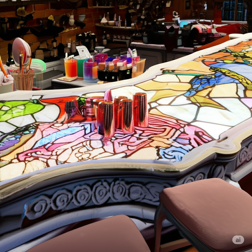 A bar with a stained-glass top and brown stools. Drinks and other supplies are displayed behind the bar.