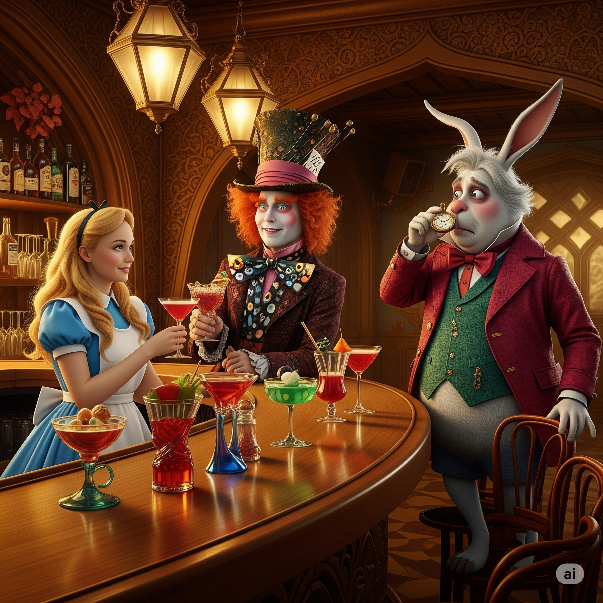 Alice, Mad Hatter, White Rabbit at a bar. Alice and Hatter cheers cocktails, Rabbit eats. Ornate bar, wood tones.