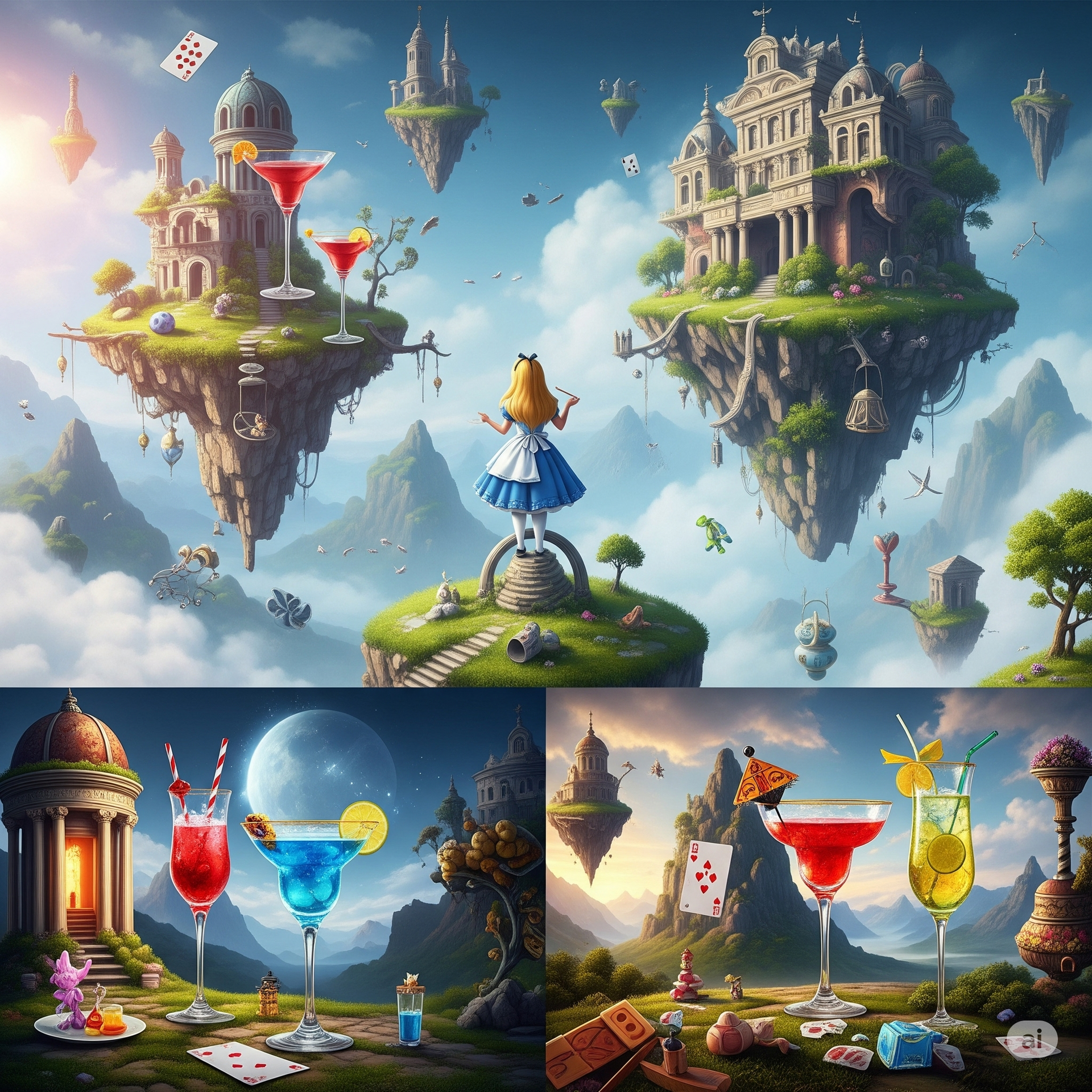 A collage of four pictures of alice in wonderland