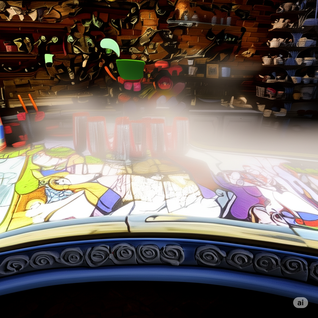 A colorful stained-glass table inside a shop with pottery shelves. Light emanates upwards from the table.