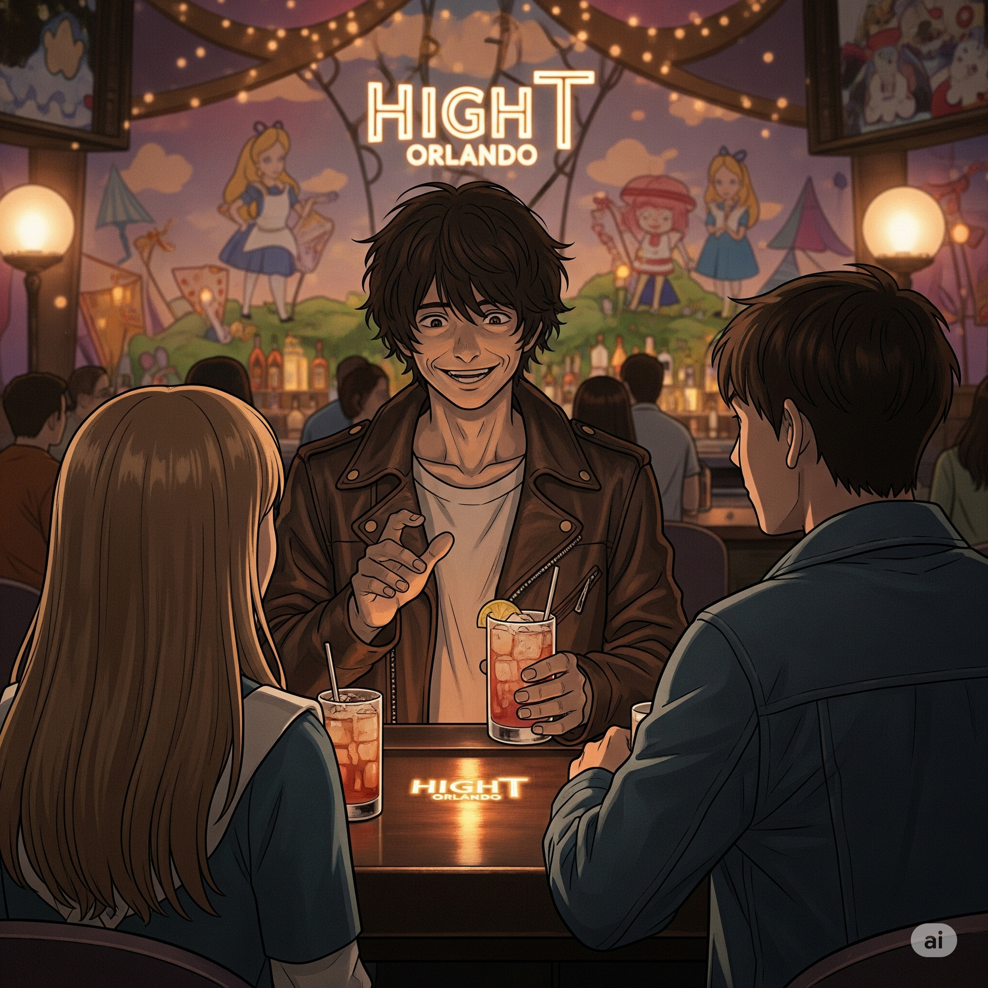 People at a bar, Orlando. Anime-style man smiling, holding a cocktail.  Alice in Wonderland backdrop.