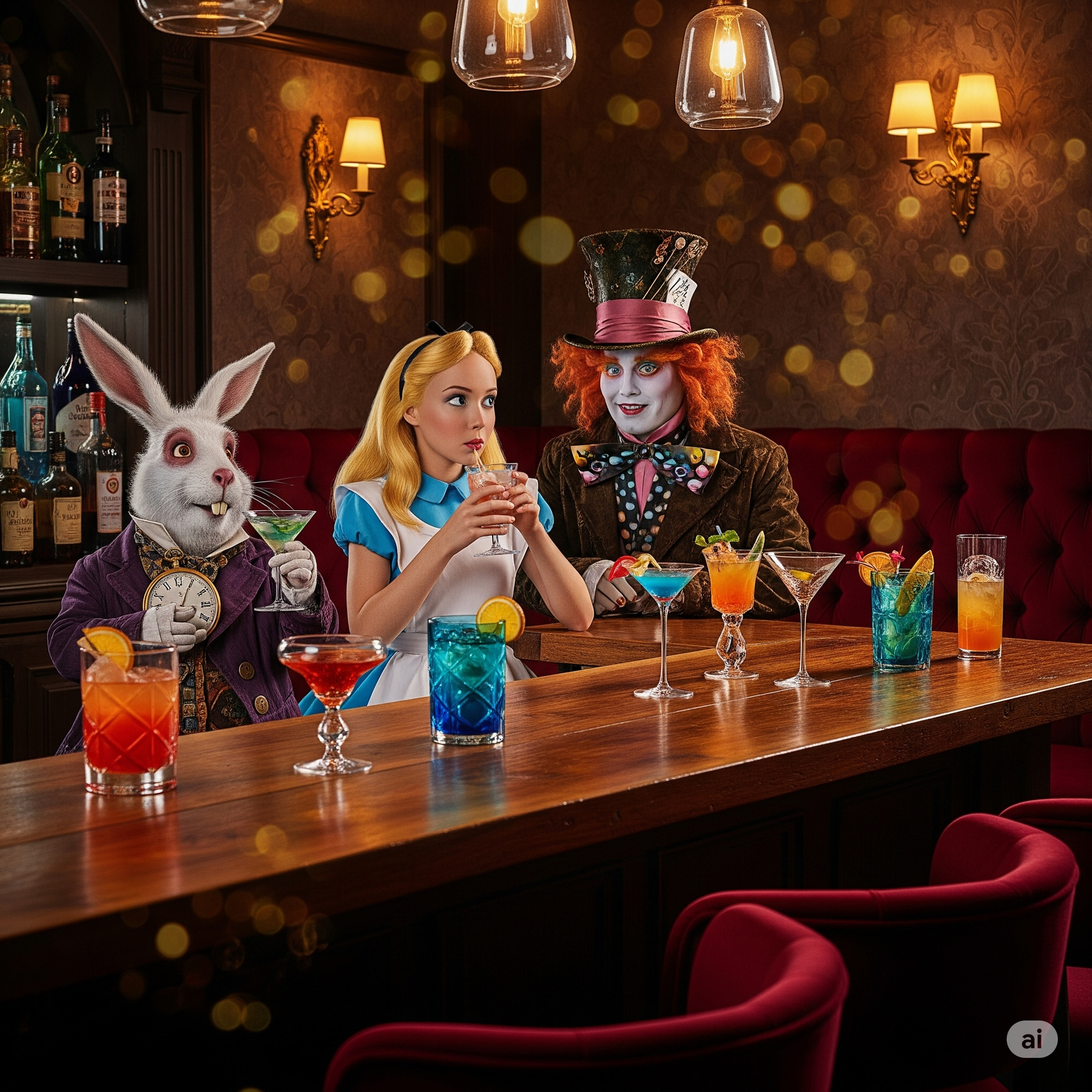 Alice, White Rabbit, and Mad Hatter at a bar, each with colorful cocktails. Dim lighting, ornate decor.