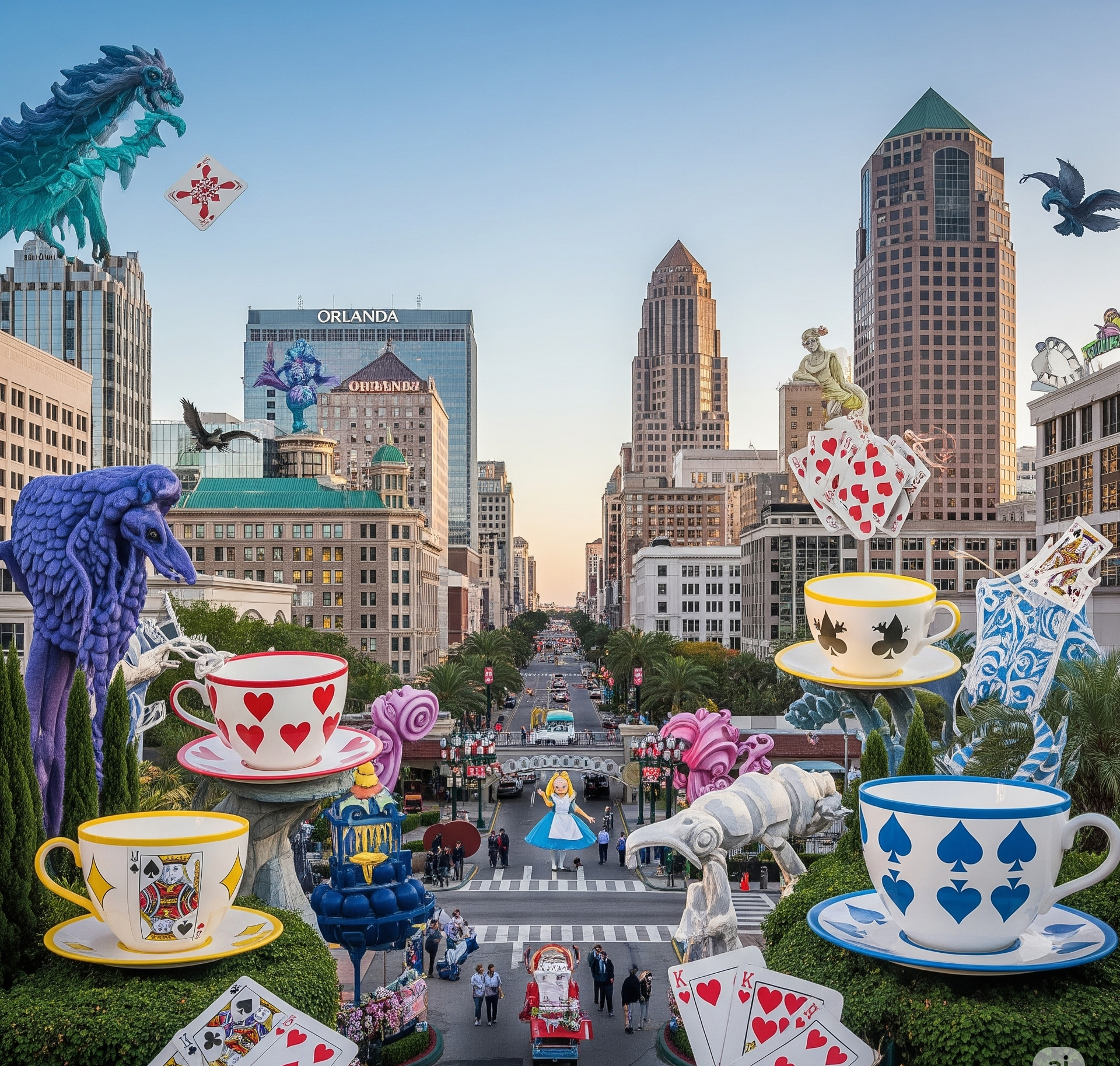 A collage of cards and cups with a city in the background