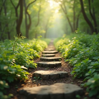 Een stenen pad loopt door een zonovergoten bos, omgeven door groen gebladerte.