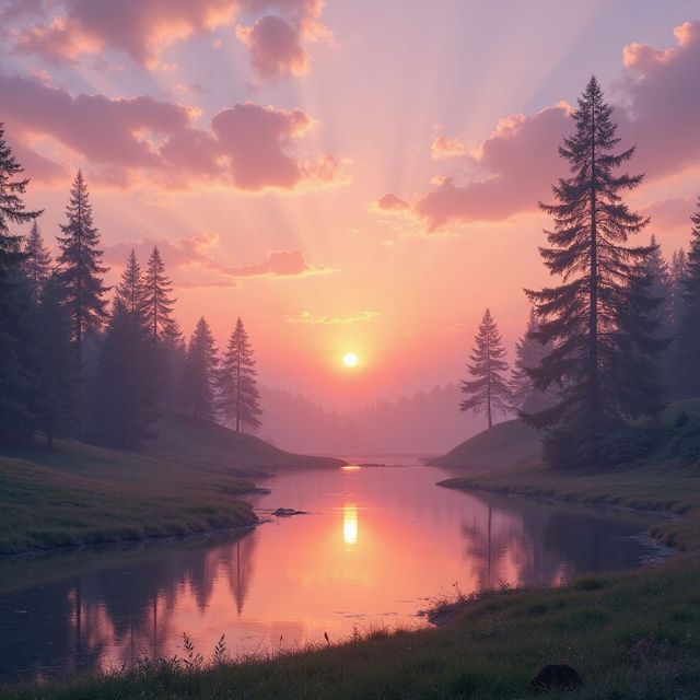 Zonsondergang boven een kalme rivier, omgeven door bomen, die roze en oranje tinten weerspiegelt.