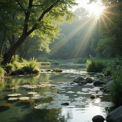Zonlicht schijnt door de bomen op een kalme rivier en weerkaatst in het water. Weelderig groen en rotsen sieren de oevers.