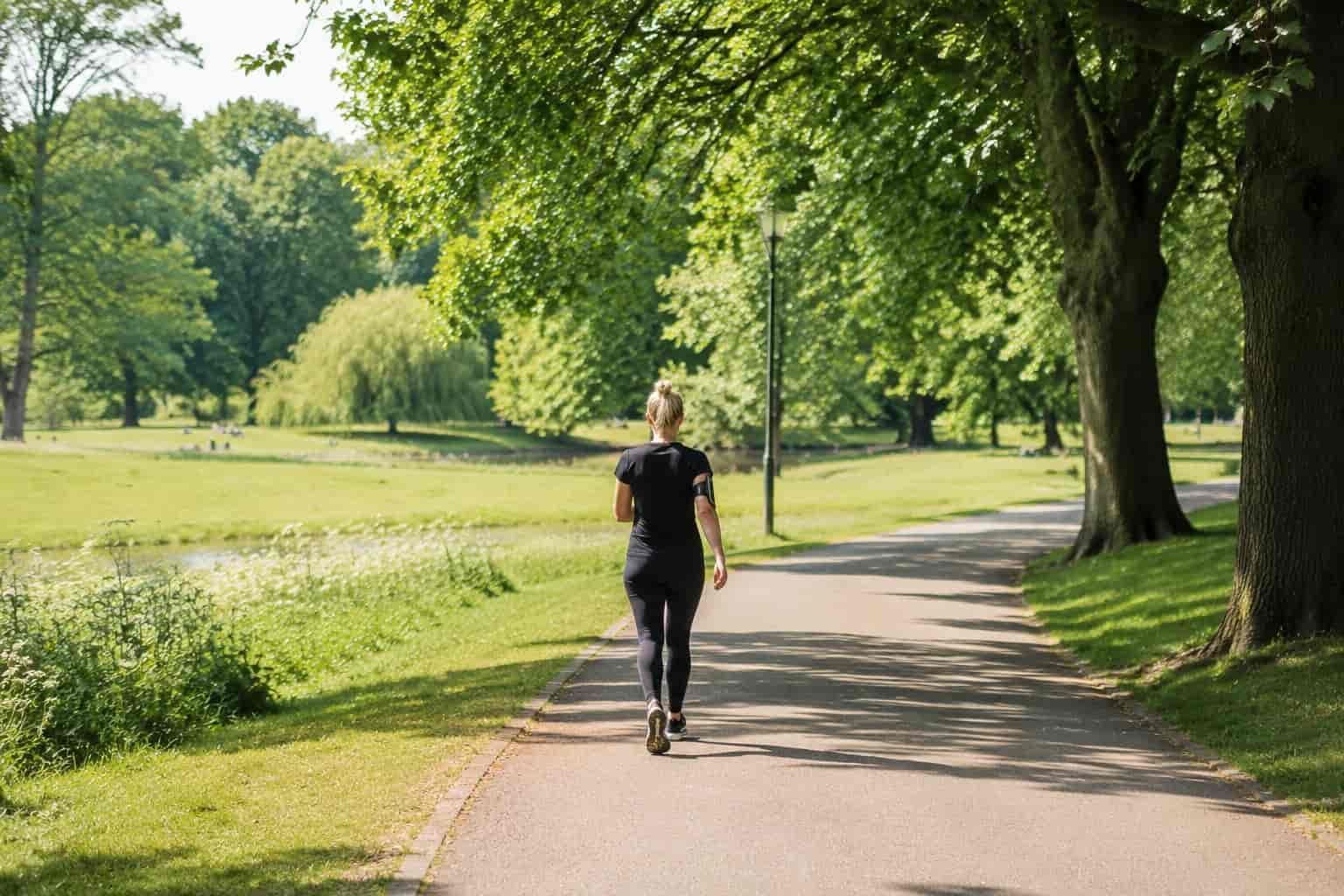 Vrouw loopt stevig door een park, zonnige dag. Gezonde dagelijkse wandelgewoonte