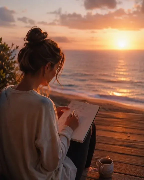 Vrouw schrijft dankbaarheidsmomenten op in dagboek tijdens zonsopgang