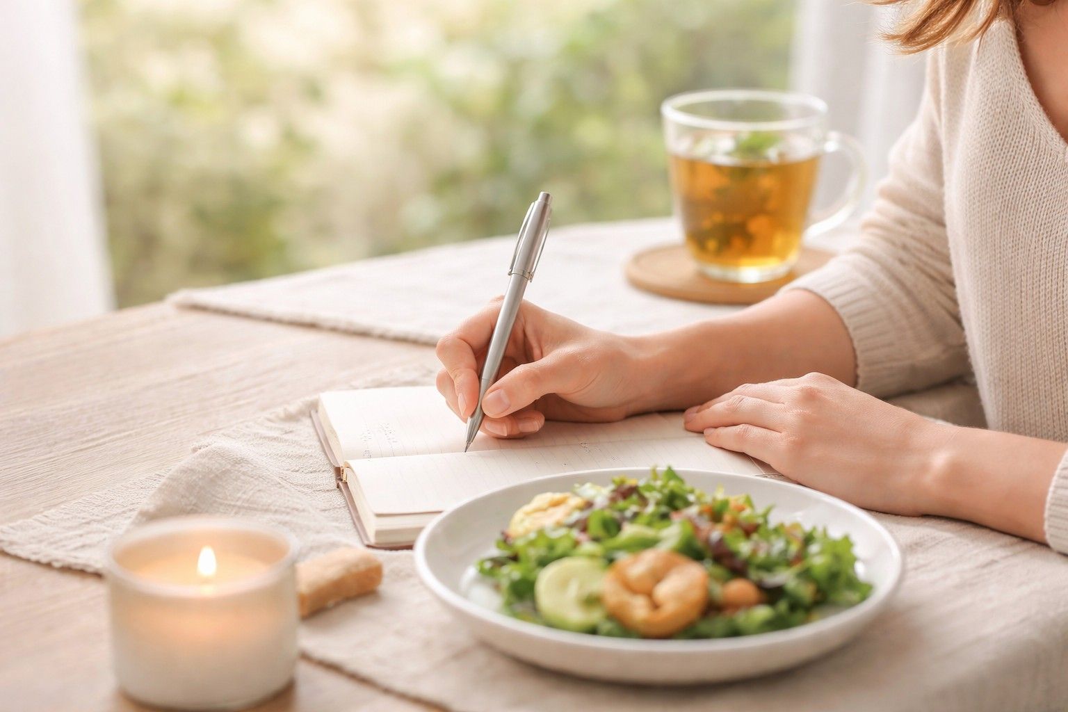 Persoon die bewust en ontspannen eet aan tafel zonder telefoon: beeld van gezond eten zonder dieet