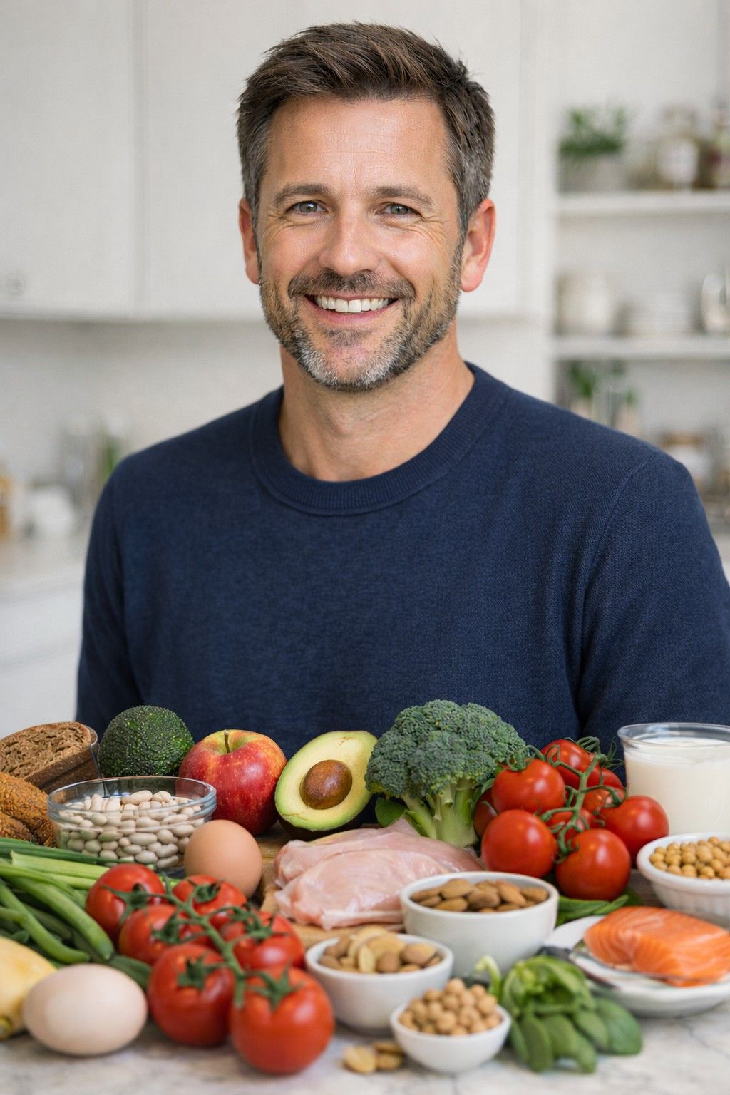 Glimlachende man gezonde voeding: groenten, fruit, volkoren granen, noten, peulvruchten, dierlijke voeding, drinken, eiwit