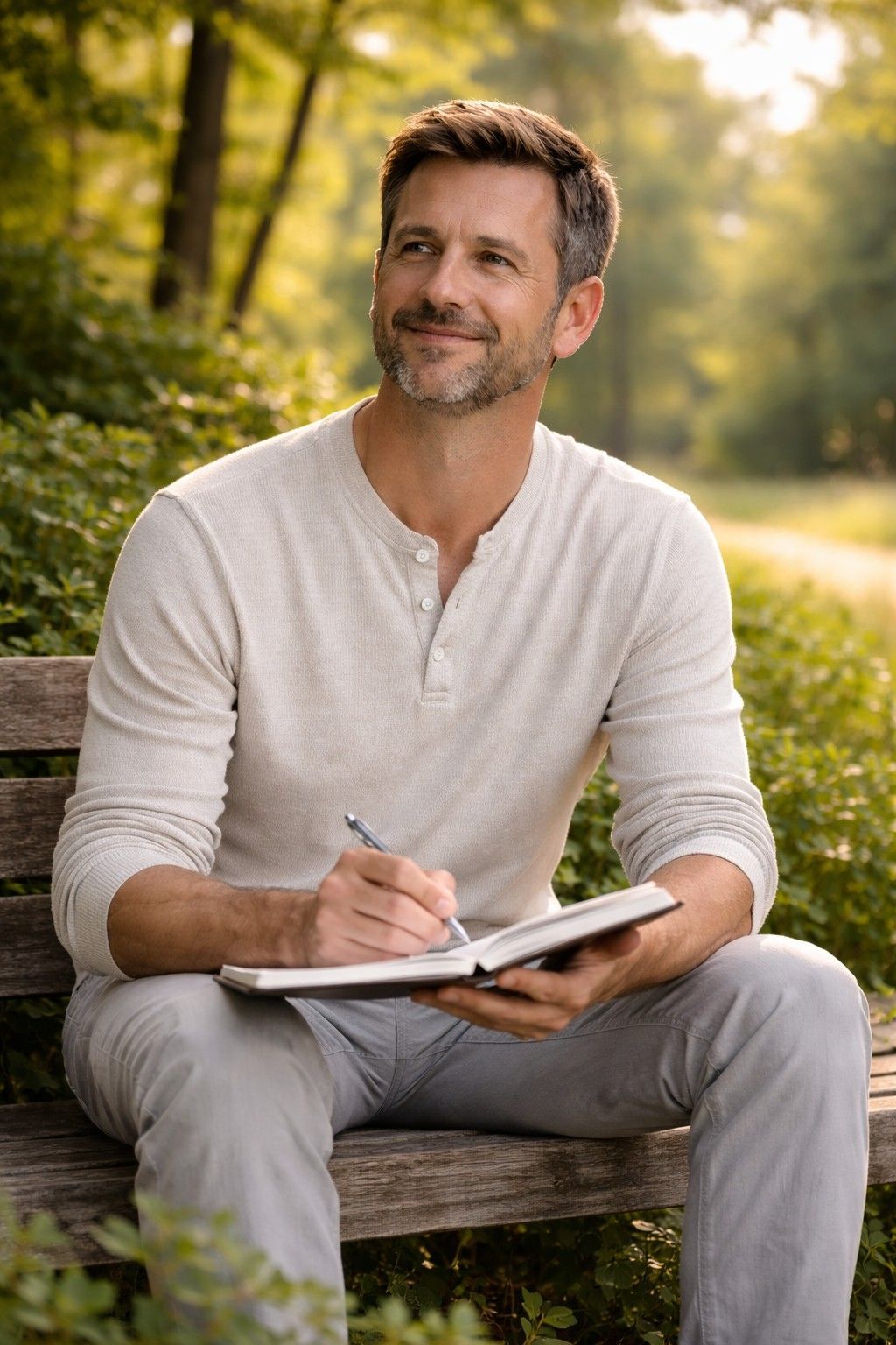Een man schrijft in een notitieboekje en zit glimlachend op een parkbankje.