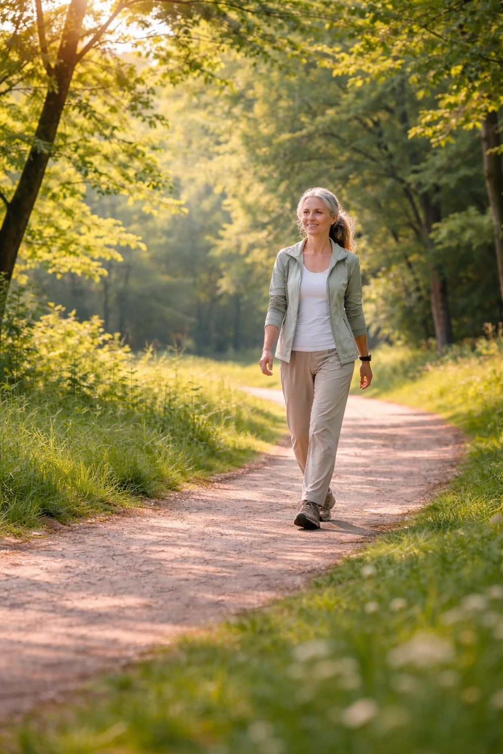Vrouw wandelt buiten in de natuur als dagelijkse gezonde gewoonte voor hersengezondheid 