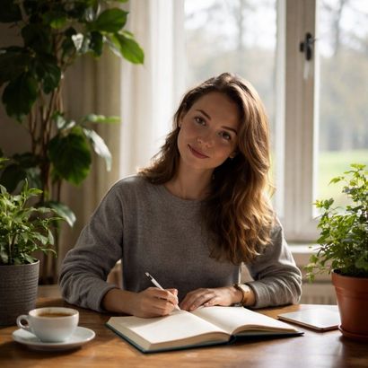Een vrouw schrijft in een notitieboekje aan een houten tafel, omringd door planten en met een kopje thee bij een raam.