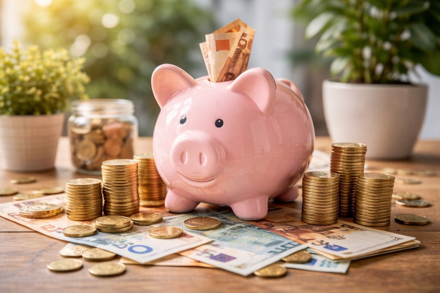 Spaarvarken omringt door geldmunten en geldbriefjes op een houten tafel, in een huiselijke setting