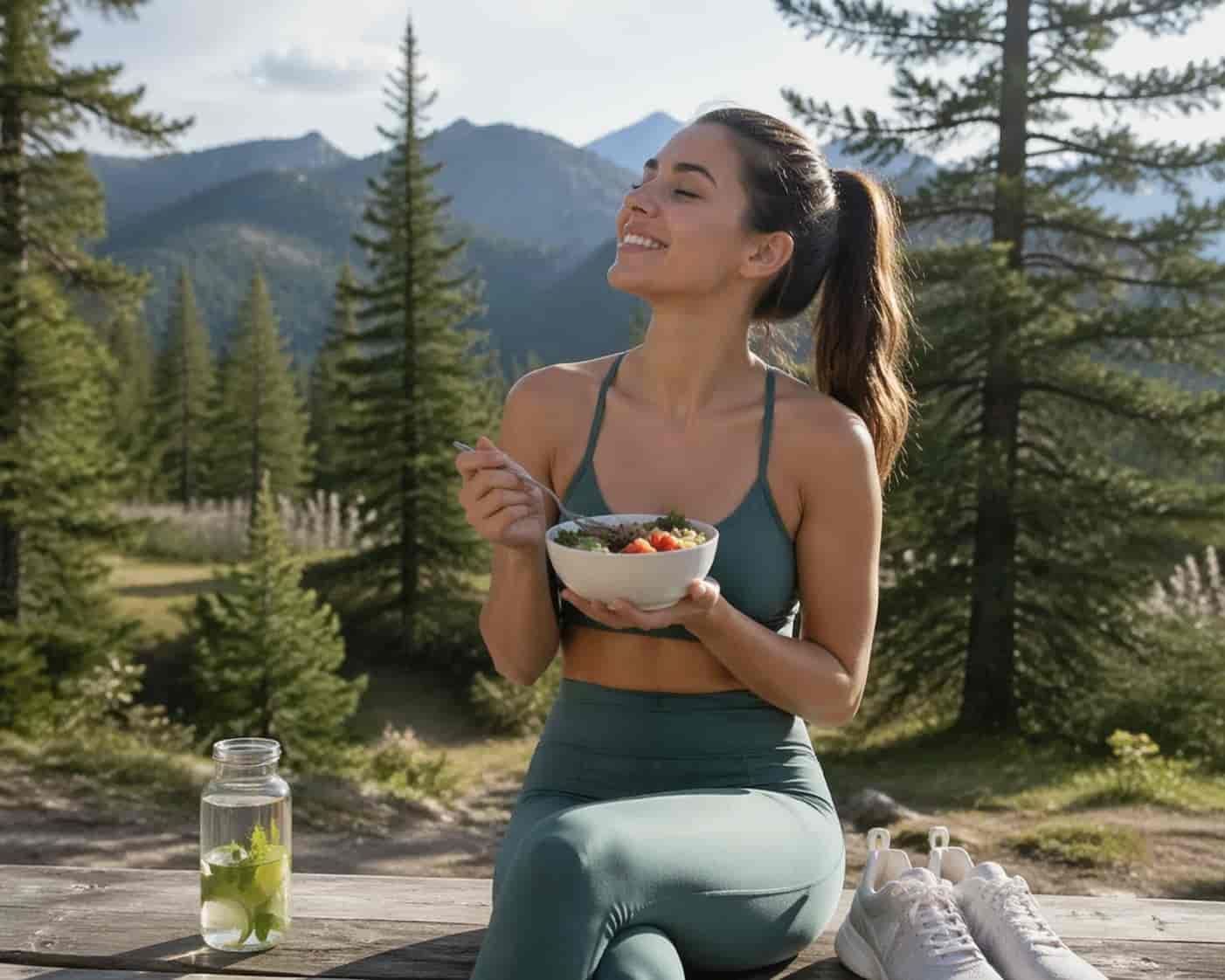 Vrouw geniet van gezonde levensstijl buiten in de natuur met gezond eten en beweging