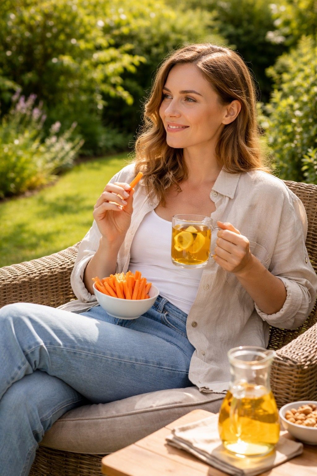 Persoon maakt bewuste keuzes: ontspannen in de natuur, gezonde voeding en positieve gewoonten