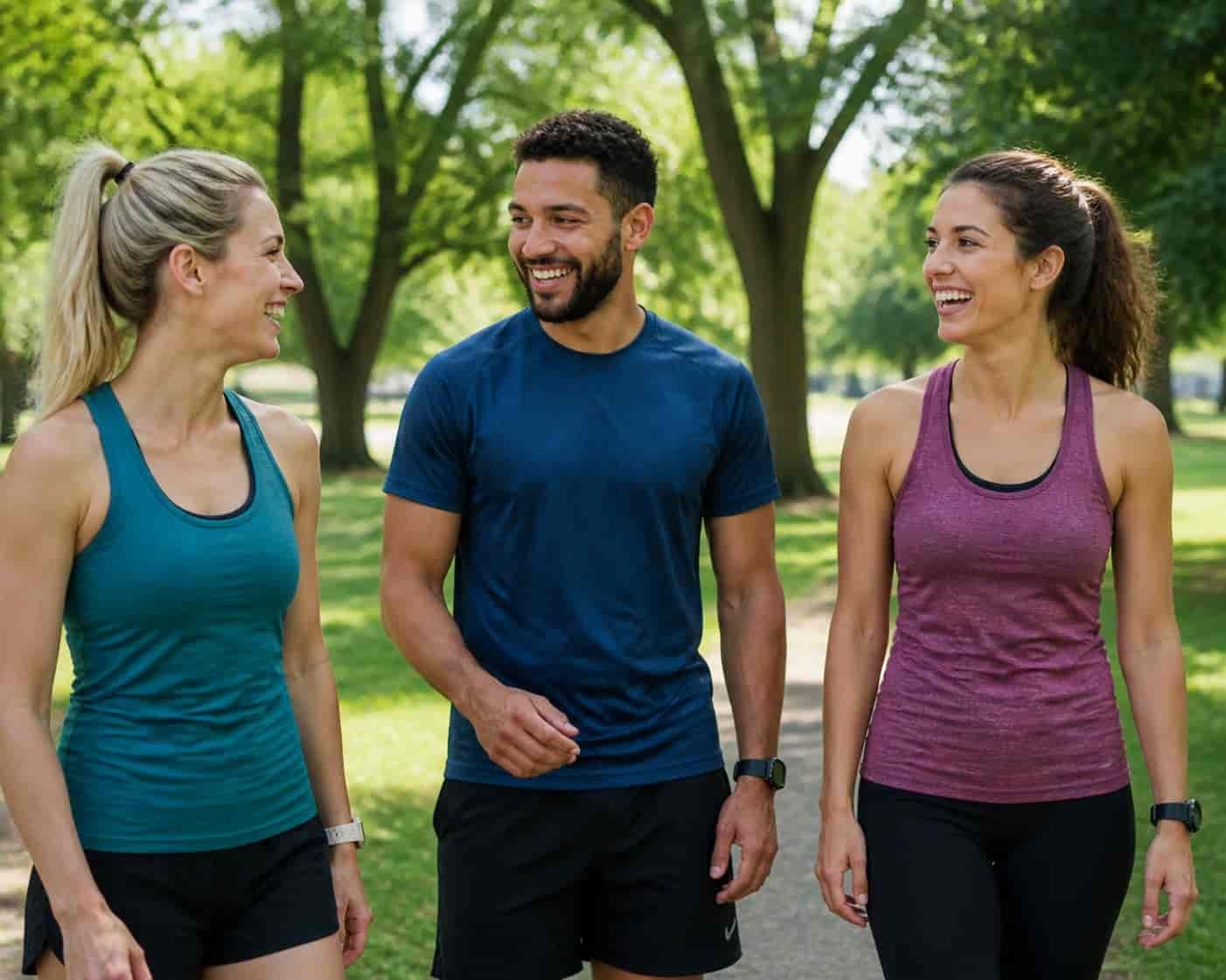 3 mensen die hebben afgesproken in een park. Gezonde leefstijl en sociale verbinding.