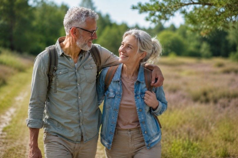 Gelukkig ouder koppel wandelt samen buiten in de natuur