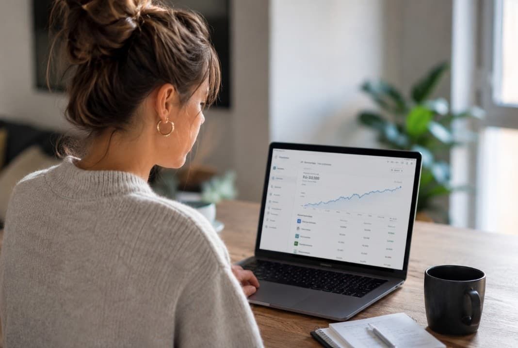 Jonge vrouw achter laptop die haar beleggingen (grafiek) bekijkt