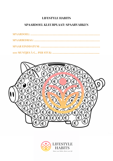 Kleurplaat van een spaarpot met invulvelden voor spaardoelen.