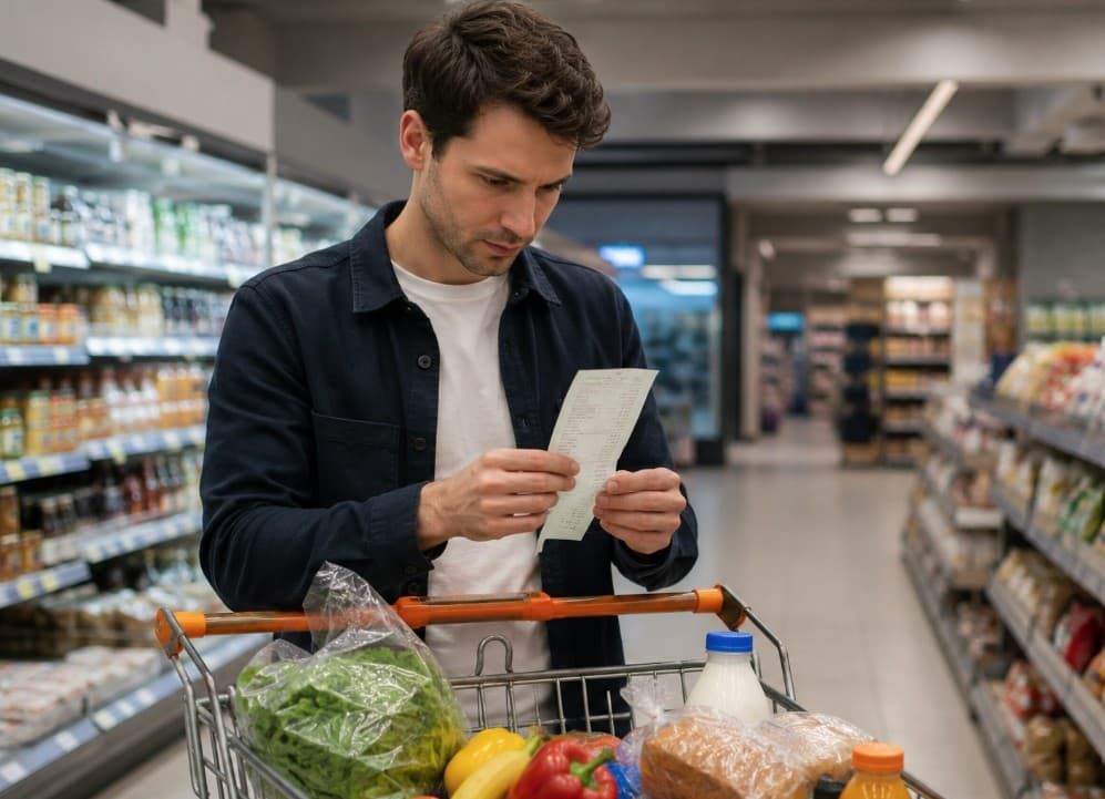 Persoon die boodschappen in de supermarkt doet en kassabon bekijkt