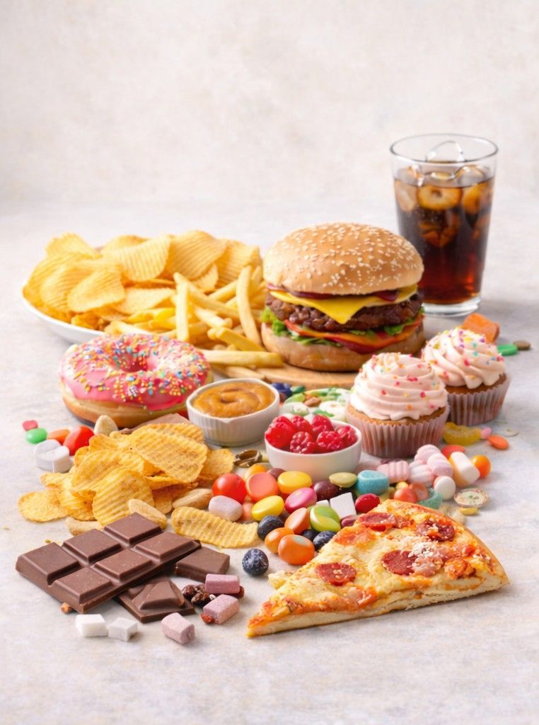 Suikerklontjes naast bewerkte voedingsmiddelen als illustratie van verborgen toegevoegde suikers