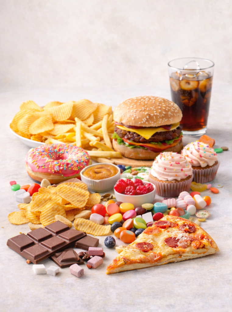 Ongezonde etenswaren, waaronder pizza, hamburgers, snoep, chips en frisdrank.