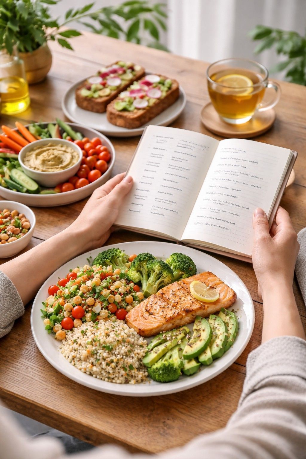Gezonde maaltijd met gegrilde zalm, quinoa, groenten, avocado, en een maaltijdplanning notitieboek
