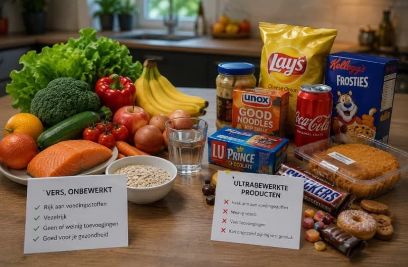 Vergelijking tussen vers, onbewerkt voedsel en ultrabewerkte producten op een keukentafel