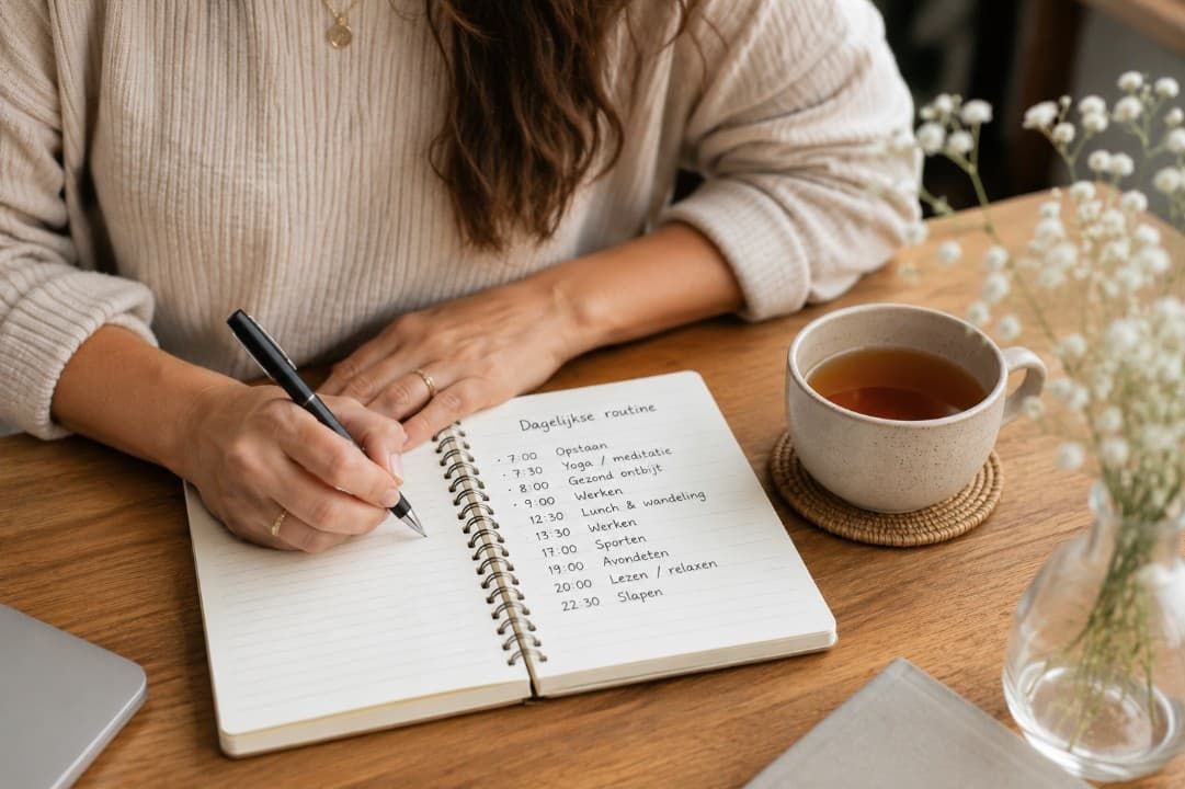 Vrouw noteert dagelijkse routine in een notitieboek naast kop thee