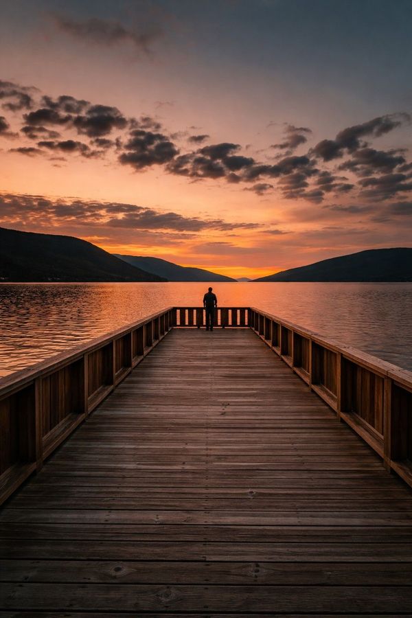 Een persoon staat op een houten steiger en kijkt uit over een kalm meer bij zonsondergang. De lucht is oranje en grijs.