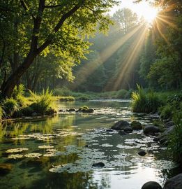 Zonlicht schijnt door de bomen op een kalme rivier en weerkaatst in het water. Weelderig groen en rotsen sieren de oevers.