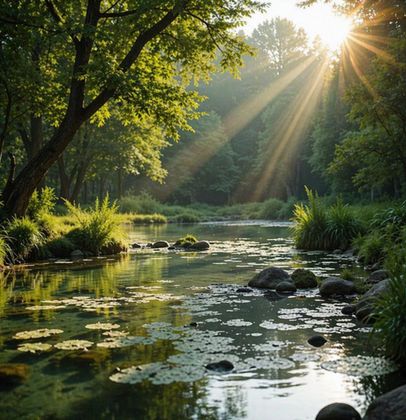 Zonlicht schijnt door de bomen op een kalme rivier en weerkaatst in het water. Weelderig groen en rotsen sieren de oevers.