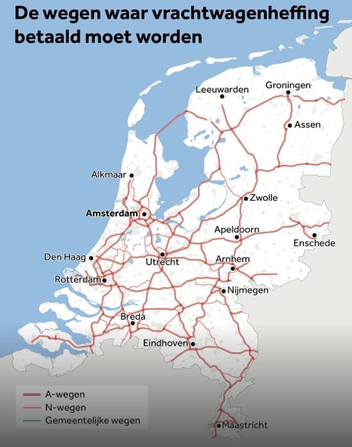Wegen waar vrachtwagenheffing betaald moet worden