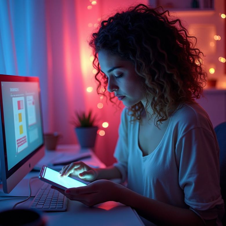 Vrouw gebruikt een tablet aan een bureau en kijkt naar een computermonitor, verlicht door roze en blauwe lampen.