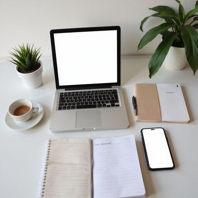 Laptop, notitieboek en telefoon op een wit bureau met koffie en planten.