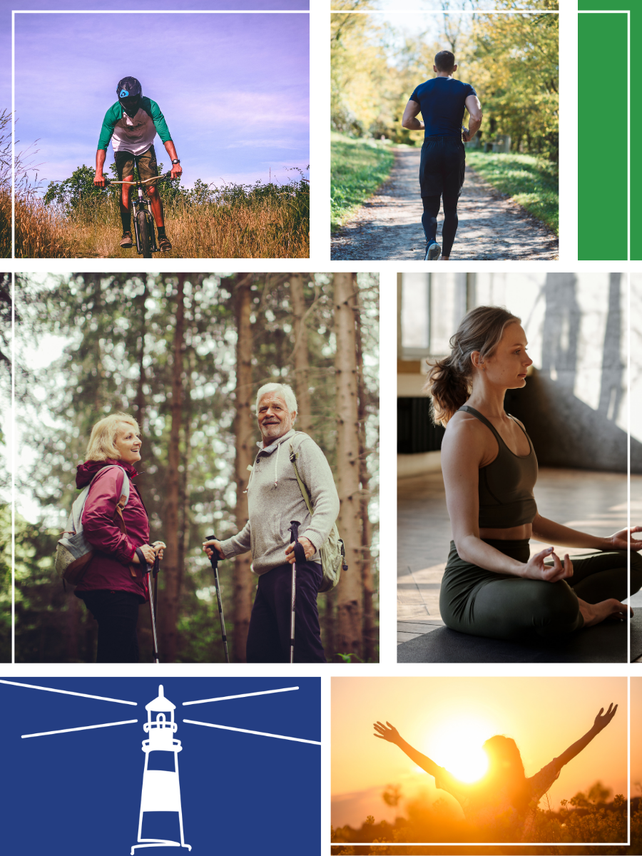 Collage of people exercising outdoors: cyclist, runner, hikers, yoga, and person with arms raised at sunset.