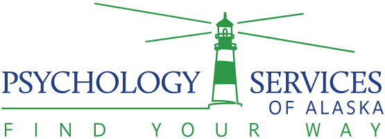 Logo for Psychology Services of Alaska: a green lighthouse with blue text reading