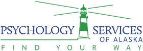 Logo for Psychology Services of Alaska: a green lighthouse with blue text reading 
