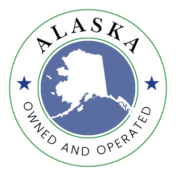 Alaska Owned and Operated seal, with Alaska map in blue, surrounded by text and stars.