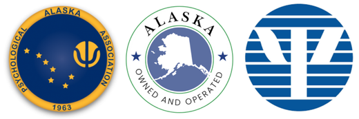 Logos for Alaska Psychological Association, with a Psi symbol, Alaska map, and Psi graphic.