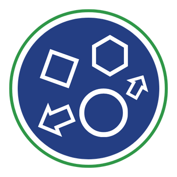 Blue circle with various white shapes and arrows, encircled by green.