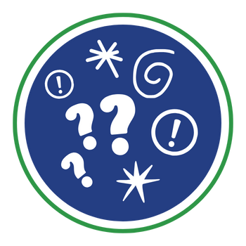 Blue circle with question marks, exclamation points, swirls, and stars; green and white border.