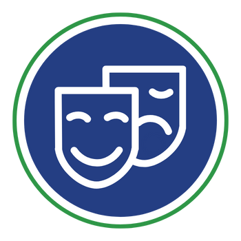 Two white theatrical masks, one happy and one sad, within a blue and green circle.