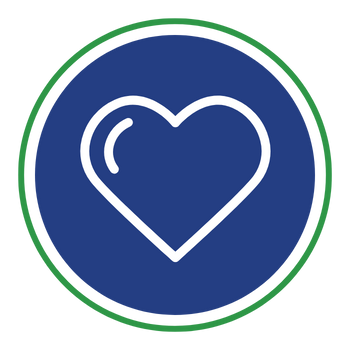 White heart icon within a blue circle, framed by a green circle.