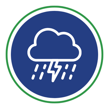 Cloud with rain and lightning bolt icon, blue and green circle background.