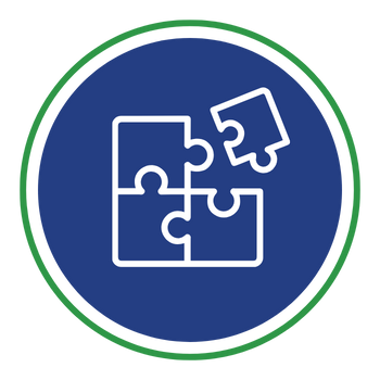 Four puzzle pieces, one detached, in a blue circle with green border.