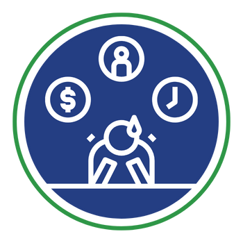 Icon of a person with head in hands, stressed, with money, a clock, and a person above.