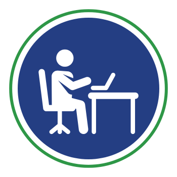 Person seated at desk with laptop in blue circle, green border.
