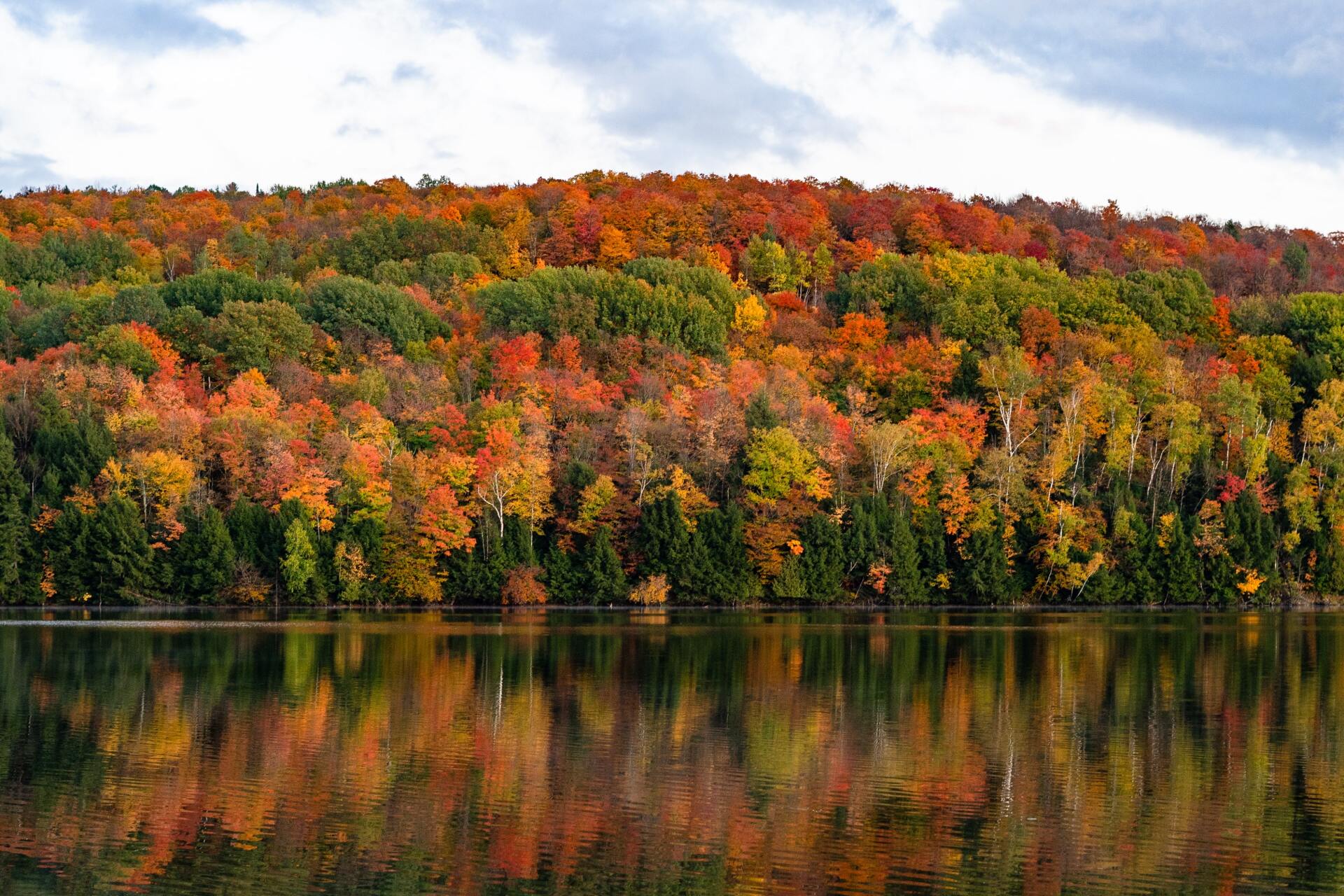 A lake surrounded by trees with autumn leaves reflected in the water